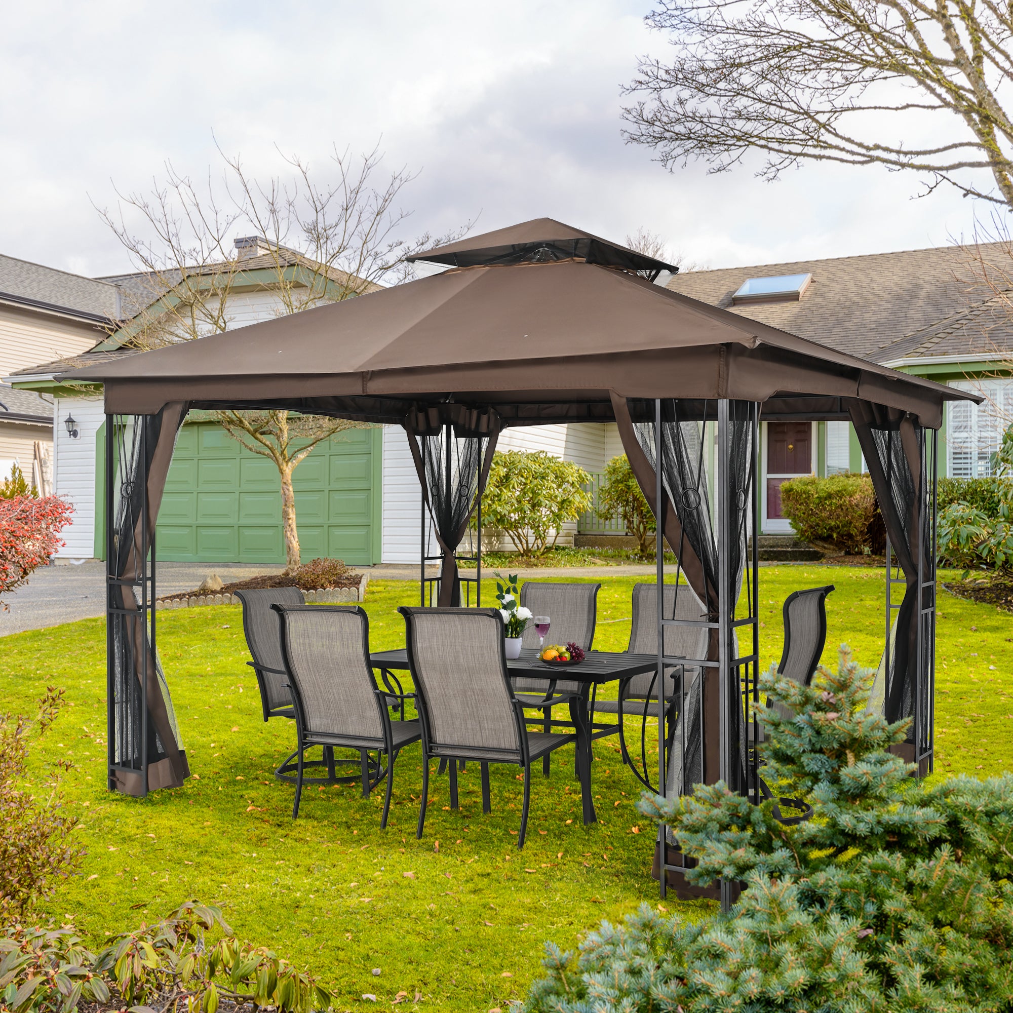 EGEIROS LIFE 12 Ft. X 10 Ft. Double Roof Patio Gazebo With Mosquito Net (Brown)