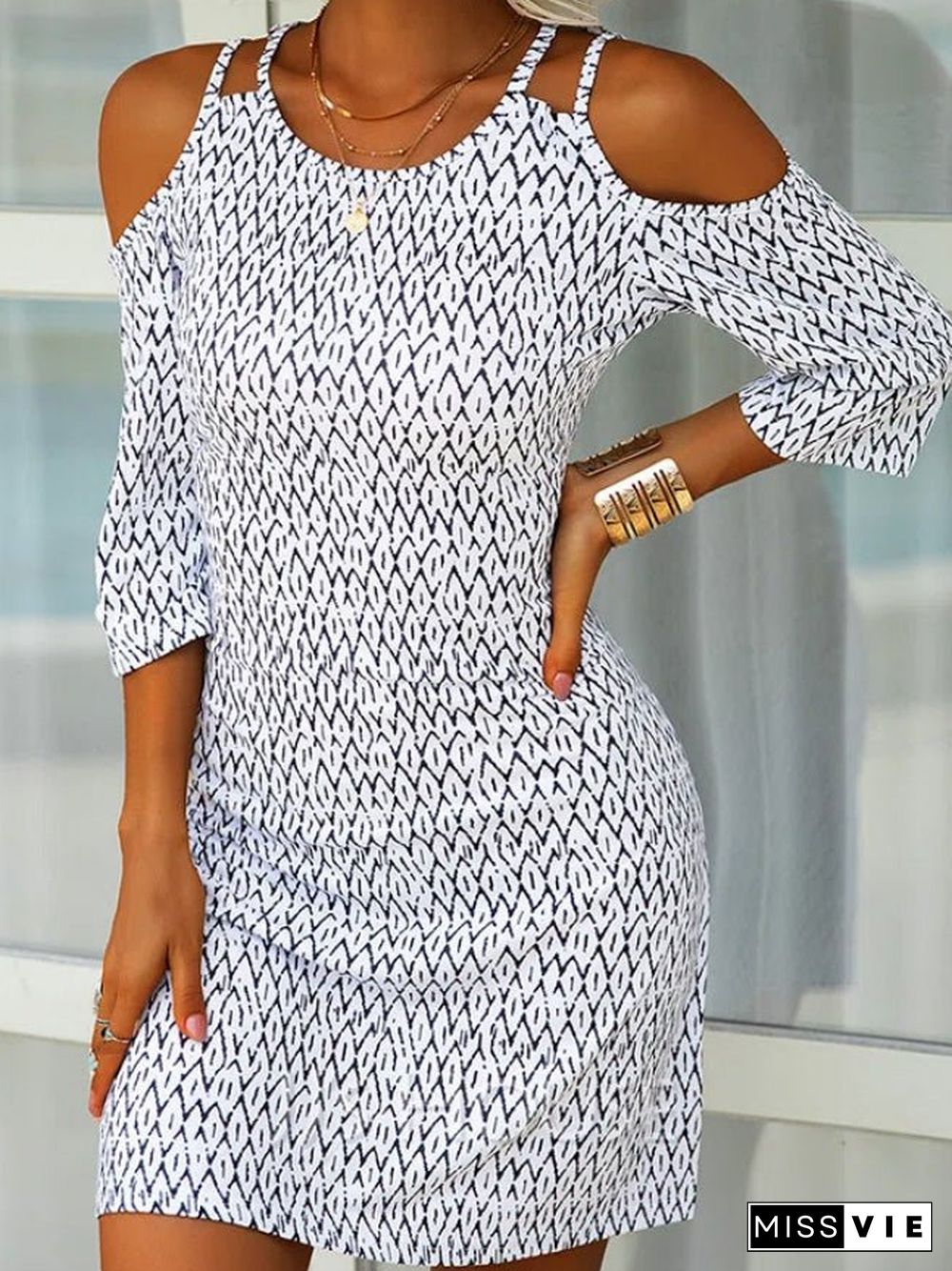 Women'S Dresses Printed Off-Shoulder Mid Sleeve Dress