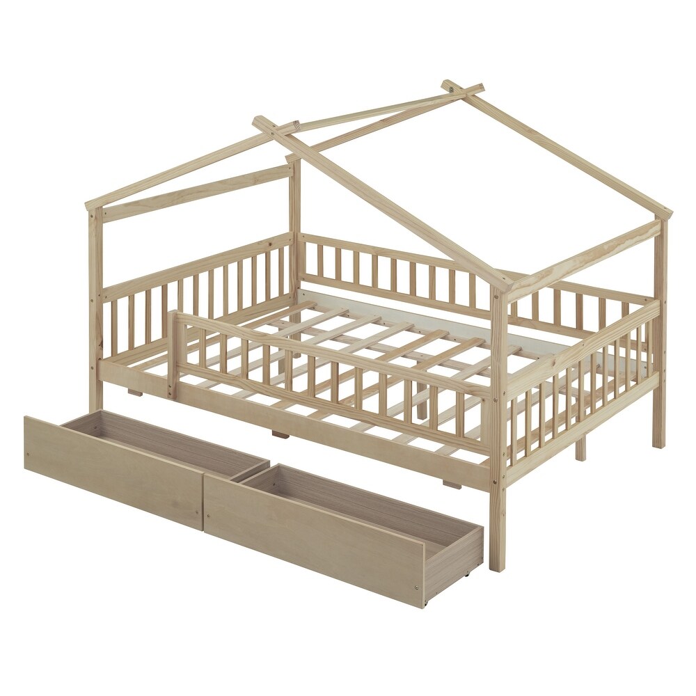 Full Size Wood Daybed with 2 Storage Drawers and Fence Guardrails  Kid's Bed with Wood Slats and House Shaped Frame