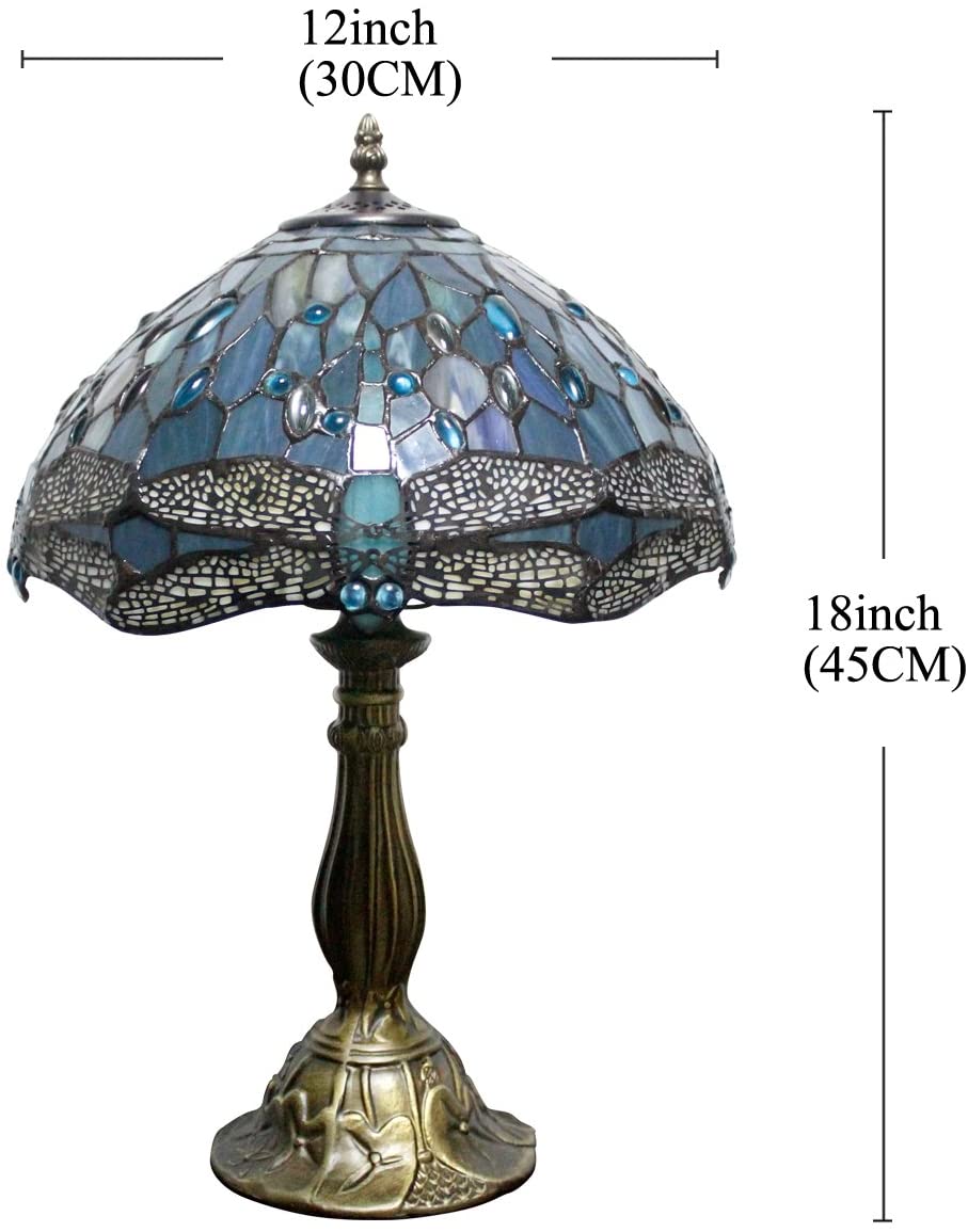 SHADY  Lamp Sea Blue Stained Glass Table Lamp 12X12X18 Inches Dragonfly Style Desk Reading Light Decor Beside Bedroom Living Room Home Office S147 Series