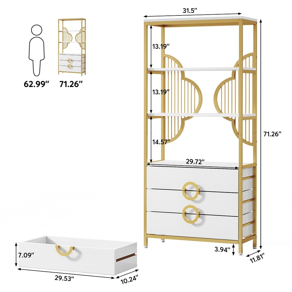 White Gold Bookshelf Bookcase with 3 Drawers 71 Inches Tall Bookshelf