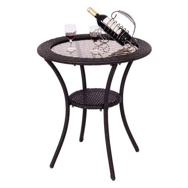 Costway Round Rattan Wicker Coffee Table Glass Top Steel Frame Patio