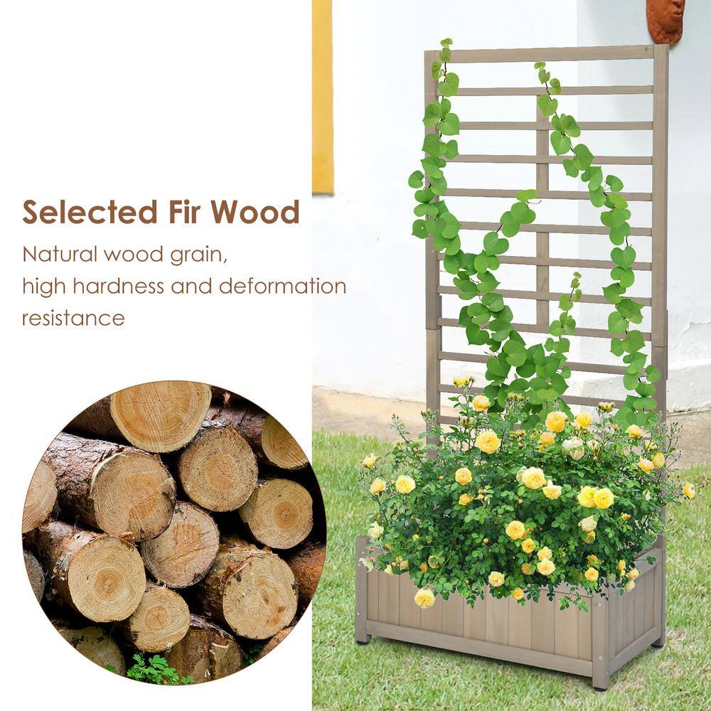 Costway 68 in. Grey Wood Planter Box with Trellis Raised Garden Bed for Climbing Plants GT3638