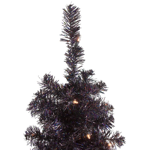 Northlight 4' Pre-lit Slim Black Artificial Tinsel Halloween Tree- Clear Lights