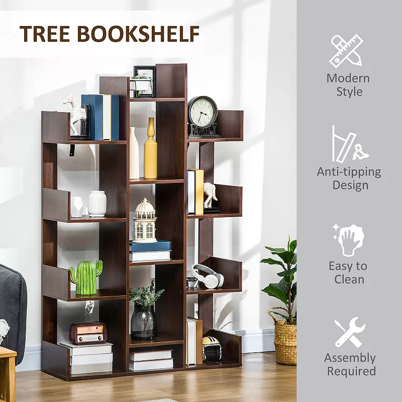 HOMCOM Tree Bookshelf， Modern Freestanding Bookcase with 13 Open Shelves， Display Unit for Living Room， Study， or Office， Brown