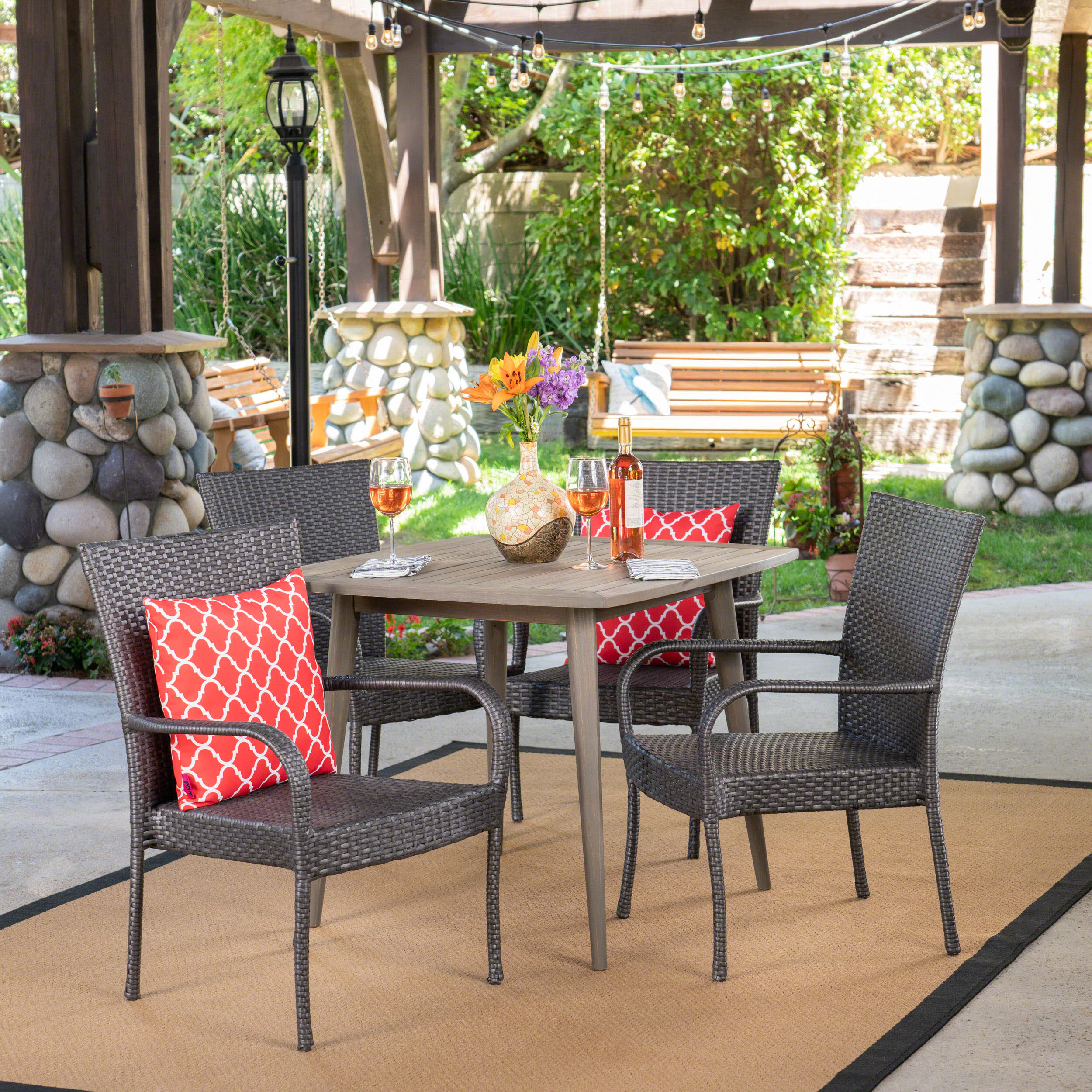 Murphy Outdoor 5 Piece Wood and Wicker Dining Set, Gray and Gray