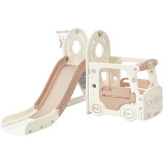 4-In-1 Beige 4.4 ft. Slide for Kids Toddler Climber Bus Slide Set with Basketball Hoop LN20232401