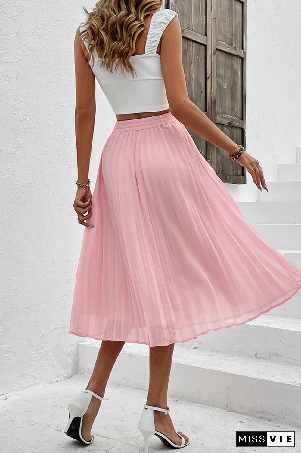 Pink Elastic Waist Pleated Skirt