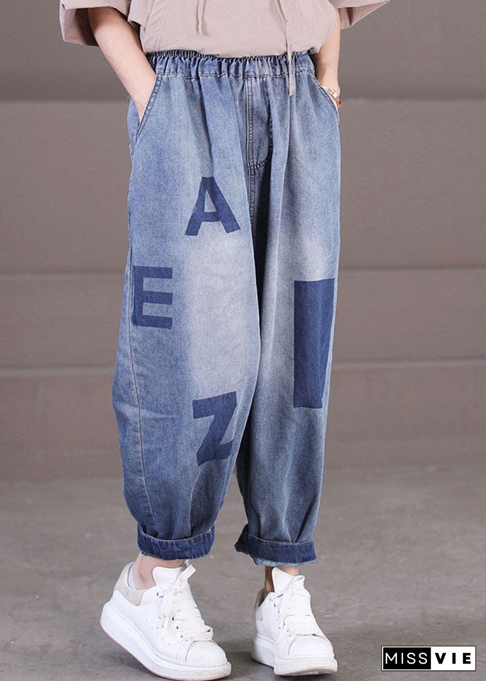 Loose Blue Elastic Waist Pockets Letter Print Cotton Denim Harem Pants Summer