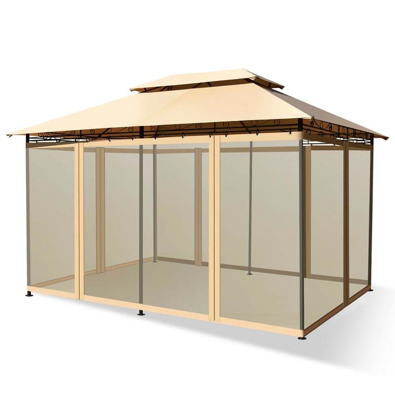 10 x 13 FT Steel Patio Gazebo with Mesh Curtains, 2 Tier Vented Roof Outdoor Canopy Gazebo Tent