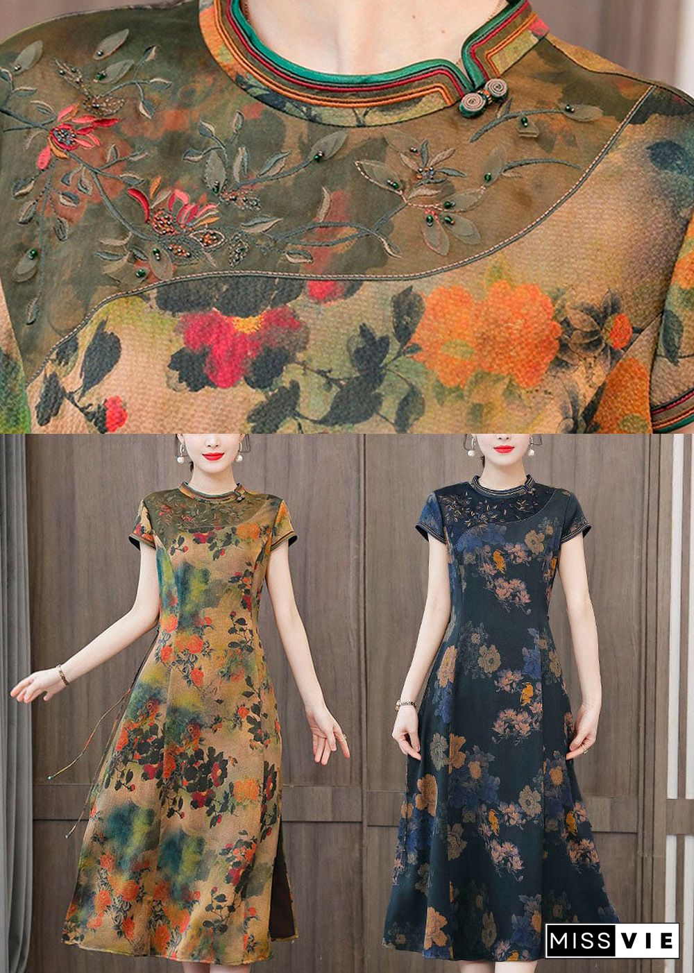 Green Print Silk Cheongsam Dresses Embroideried Slim Fit Summer