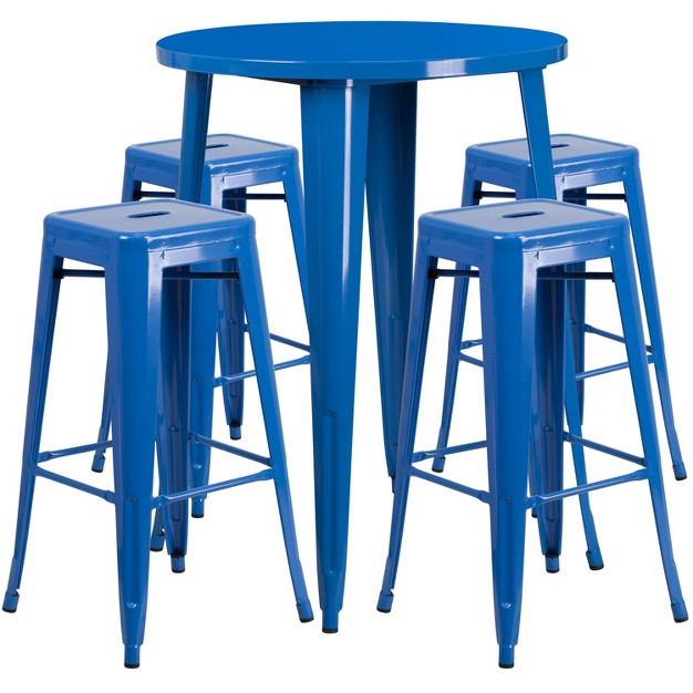 Round Metal Indoor outdoor Bar Table Set With 4 Square Seat Backless Stools