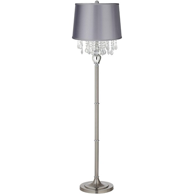 Tall Satin Steel Chrome Crystal Chandelier Light Gray Satin Drum Shade For Living Room Reading Bedroom