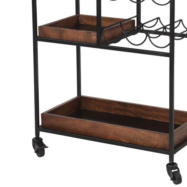 30 Inch Handcrafted Mango Wood Bar Serving Cart with Caster Wheels， 6 Bottle Holders， Tray Shelves，