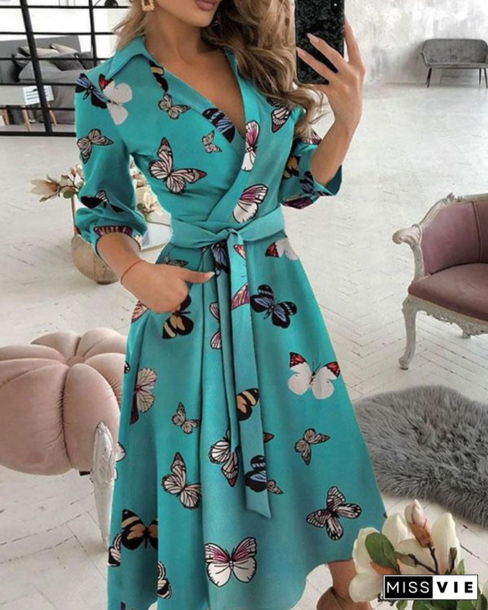 Elegant Print V Neck 3/4 Sleeve Wrap Midi Dresses