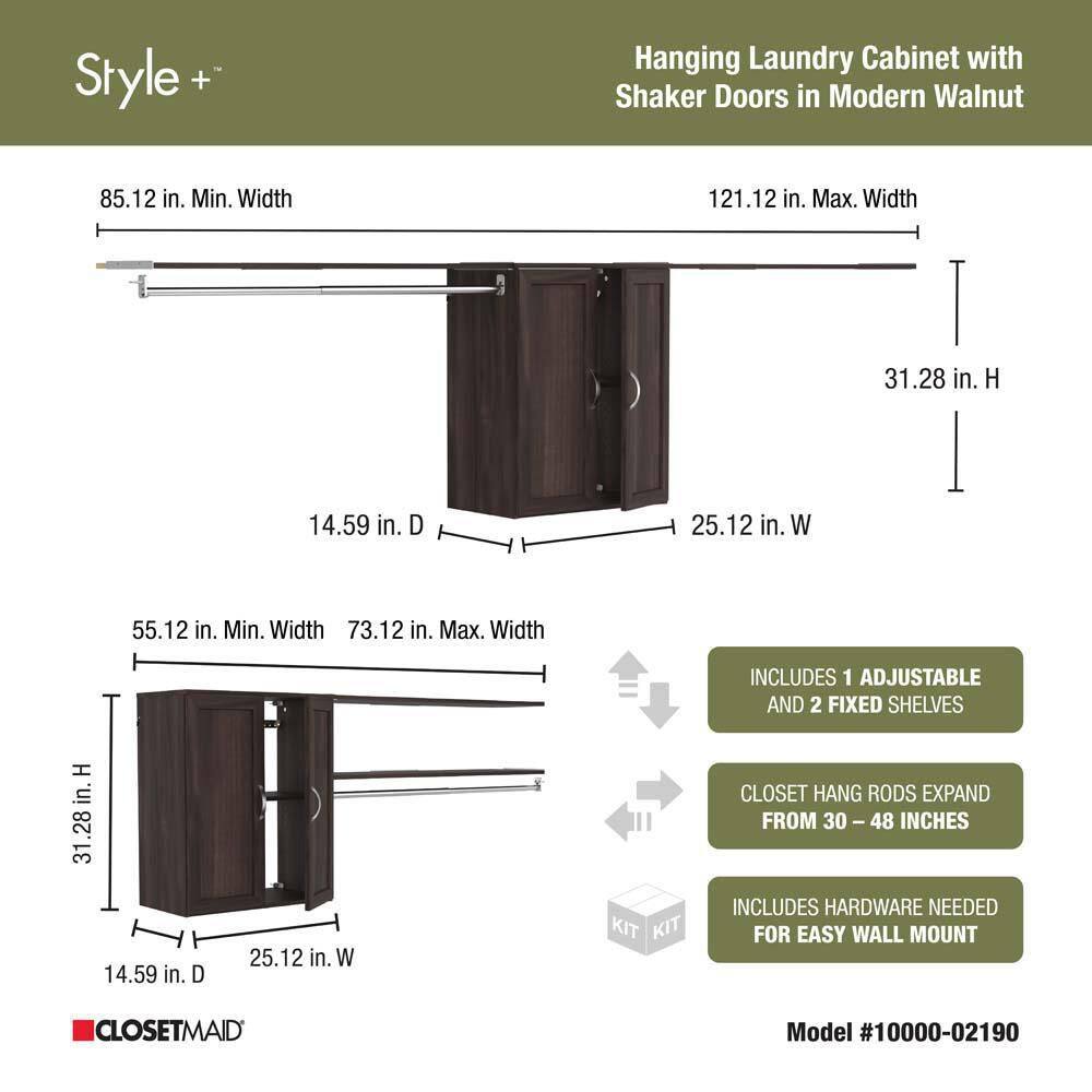 ClosetMaid Style+ 55.12 in. W - 121.12 in. W Modern Walnut Laundry Room Cabinet Kit with Top Shelves and Shaker Doors 10000-02190