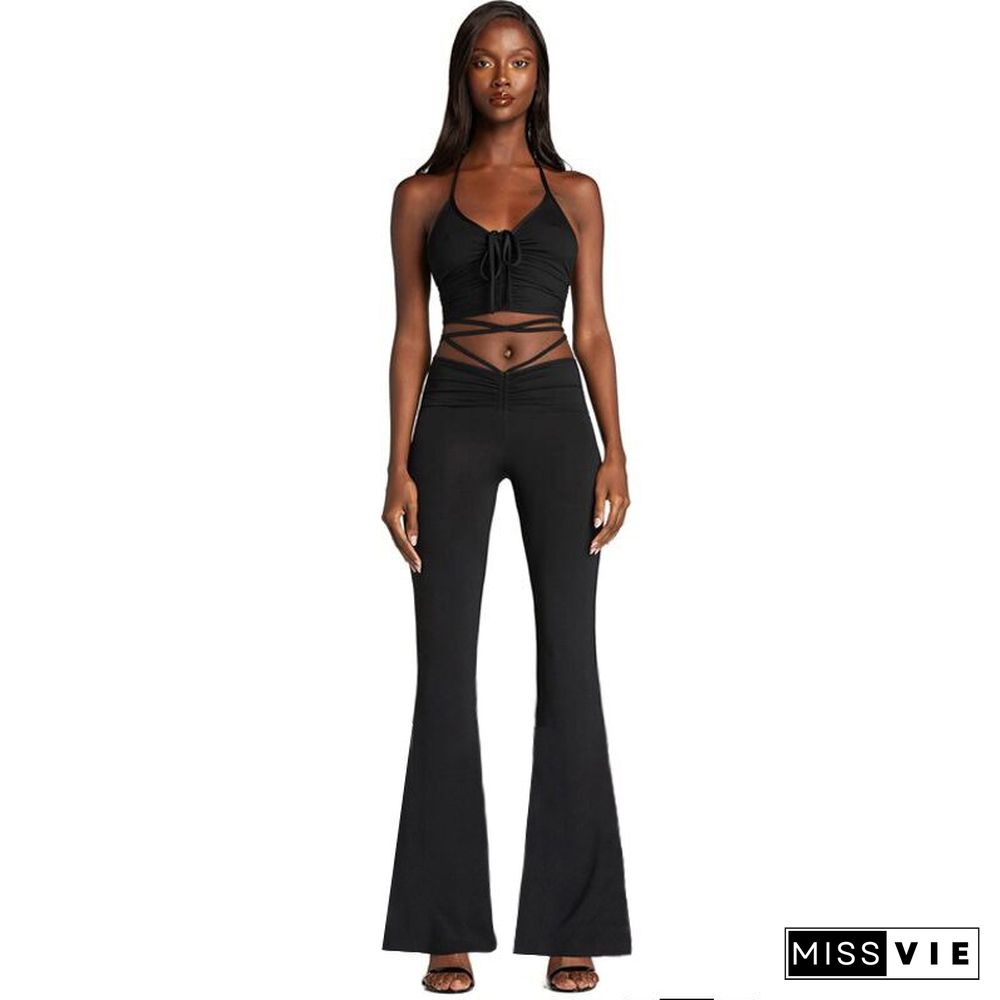 Women's New Lace Up Neck Exposed Navel Top Wrinkled Micro Flare Pants Set Two-piece Set Women 2 Pc Set For Women