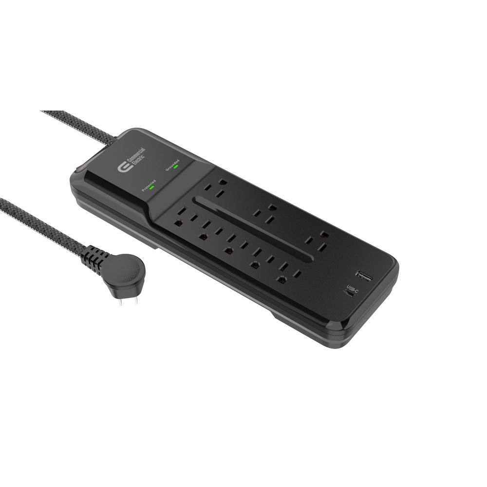 Commercial Electric 12 ft. Braided Cord 8-Outlet Surge Protector with 1 USB and 1 USB-C Black YLPT-131B