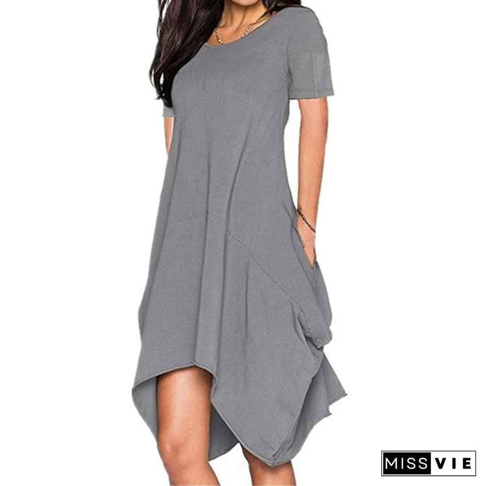 Summer Women's Fashion Solid Color Tunics Irregular T-Shirt Dresses Loose Casual O-Neck Chiffon Short Sleeves Dress Sexy Beach Dress Plus Size Pocket Dress Ruffles Party Mini Dress S-7Xl