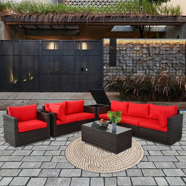 8Pieces Brown Wicker Outdoor Sectional Set with Glass Coffee Table