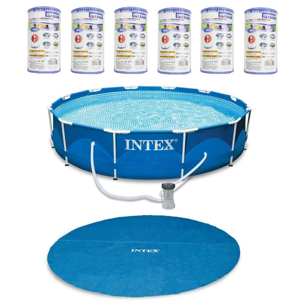 Intex Intex 12 ft. Pool Cover with 12 ft. x 2.5 ft. Metal Frame Pool with Intex Filters (6-Pack) 28012E + 28211EH + 6 x 29000E