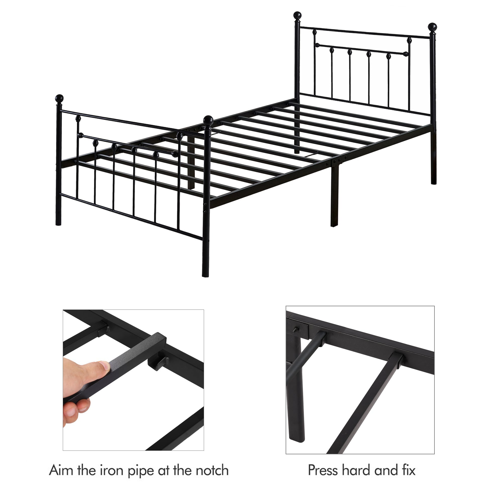 Victorian Full Size Metal Platform Bed with Headboard & Footboard, No Box Spring Needed, Black