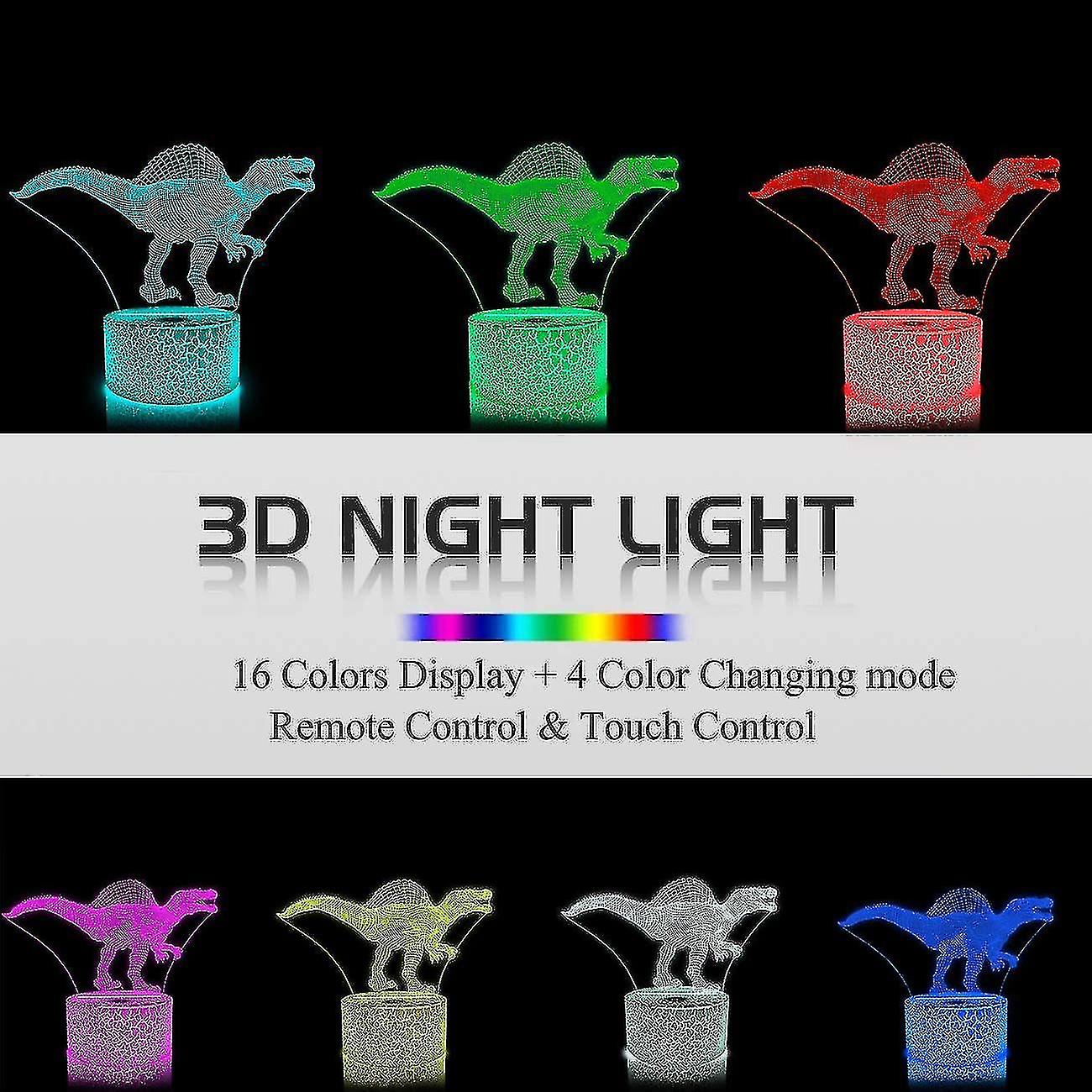 Dinosaur 3d Night Lamp Spinosaurus Illusion Led Bedside Lamp 16 Colors Remote Control Gift