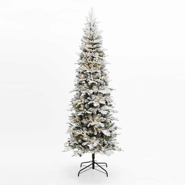 7.5Ft PreLit Hinged Snow Flocked Artificial Christmas Tree with Pinecones