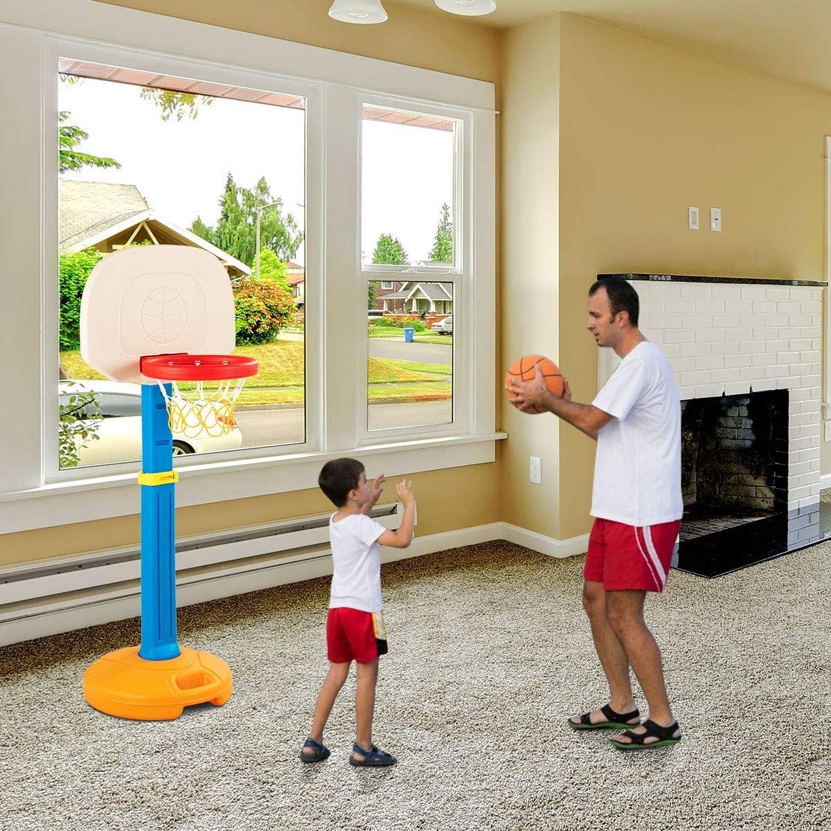 Baby Joy Folding Slide & Basketball Stand Set, Plastic Play Slide Climber, Basketball Hoop with Adjustable Height