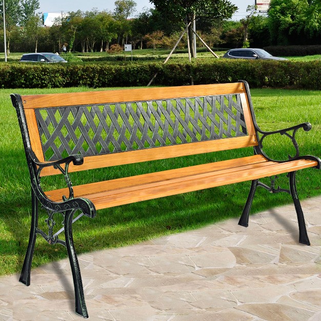 Tangkula Garden Metal Bench Porch Path Hardwood Chair For Patio Park Outdoor Deck