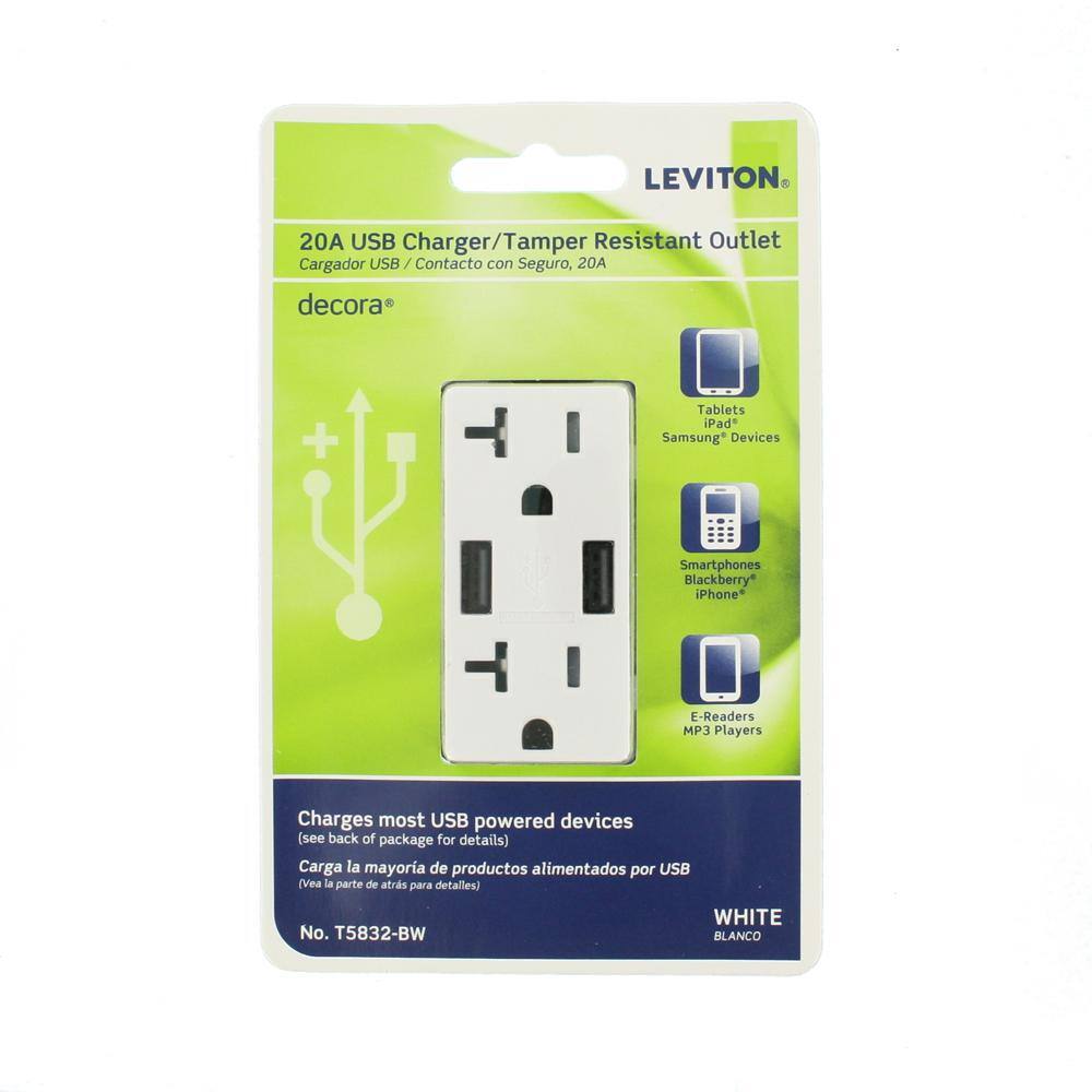 Leviton Decora 20 Amp 125-Volt Combination Duplex Outlet and USB Outlet White R02-T5832-0BW