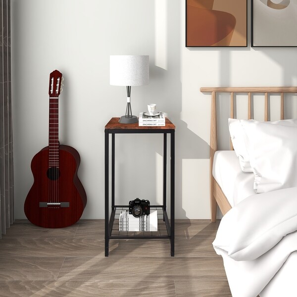 2-Tier End Table， Industrial Side Table Nightstand with Metal Frame - - 35974979
