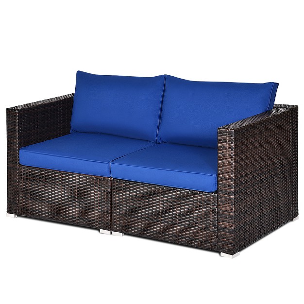 Costway 4pcs Patio Rattan Corner Sofa Sectional Furniture Set Navy Cushion