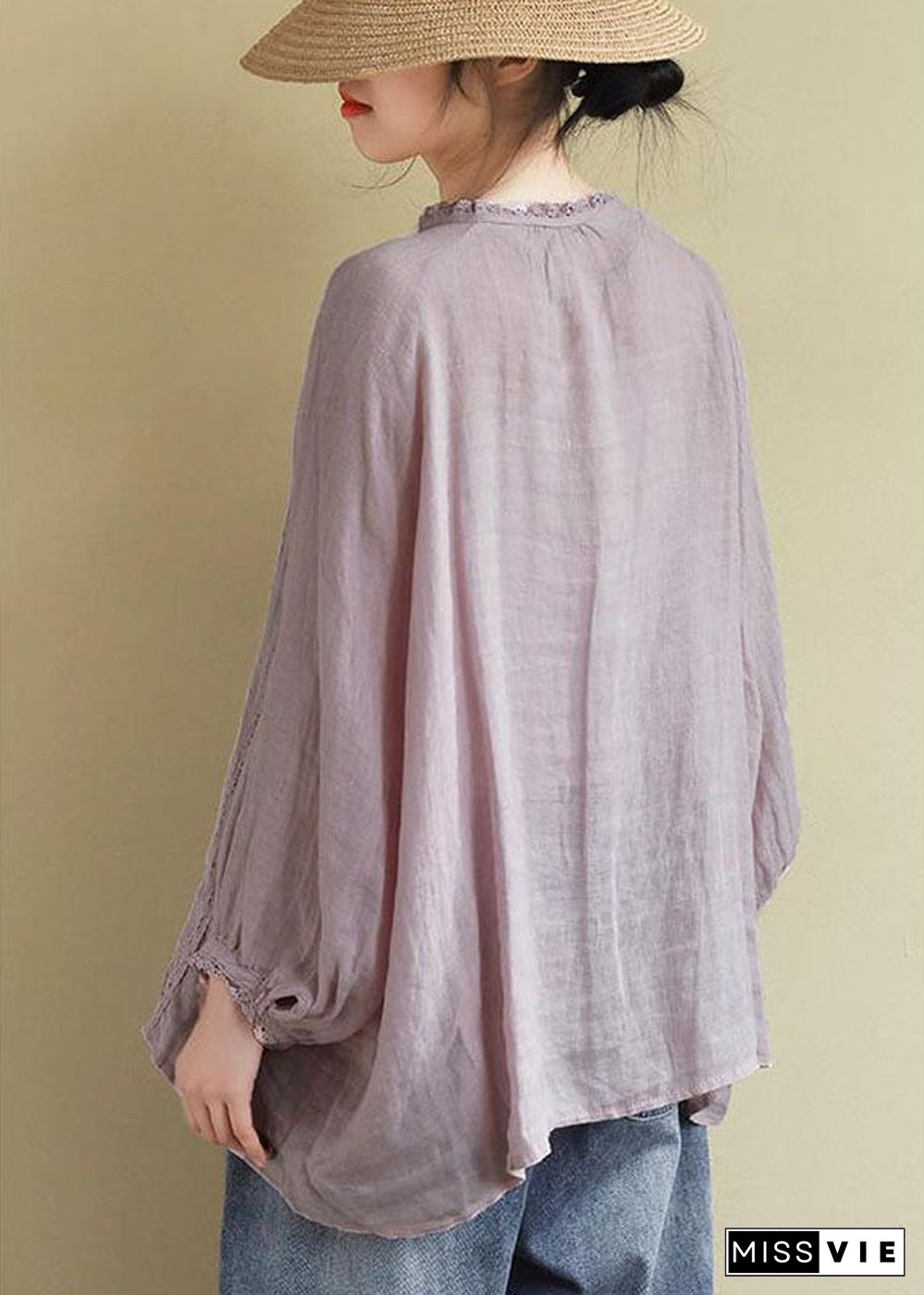 Pink Linen Shirt Tops Ruffled Long Sleeve