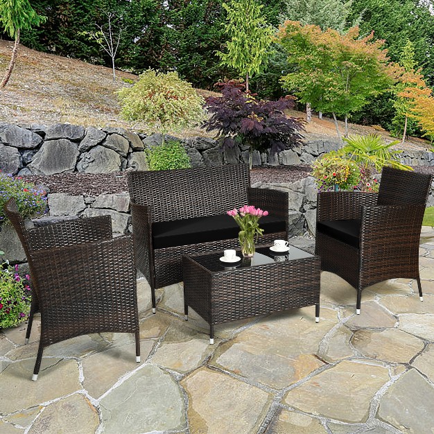 Tangkula 4 piece Patio Rattan Wicker Conversation Furniture Set Sofa Chair Table Set