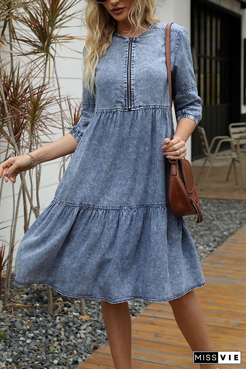 Washed DIstressed Zipper Denim Dress