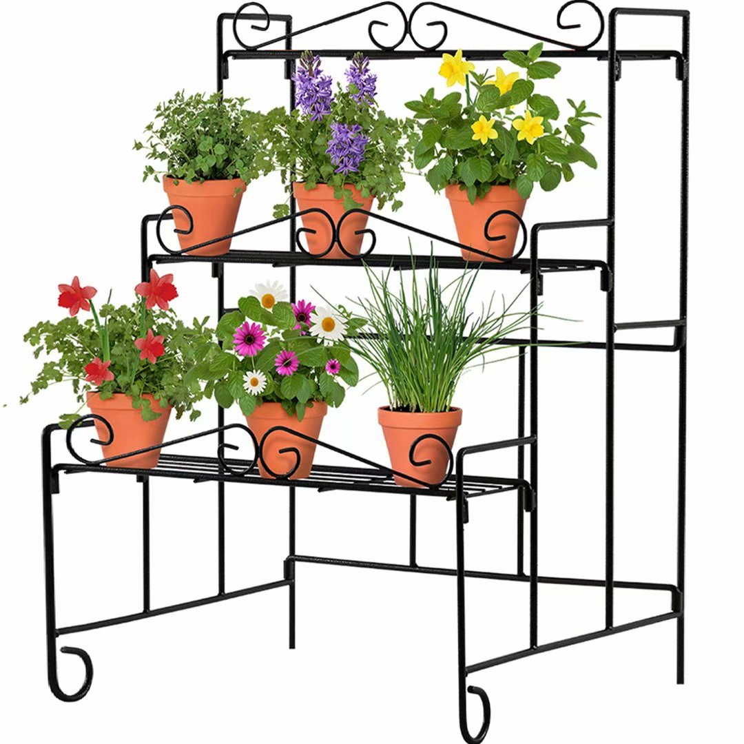 Cerbior 3-Layer Foldable Metal Plant Stand Black Rectangle Flower Pot Rack Holder