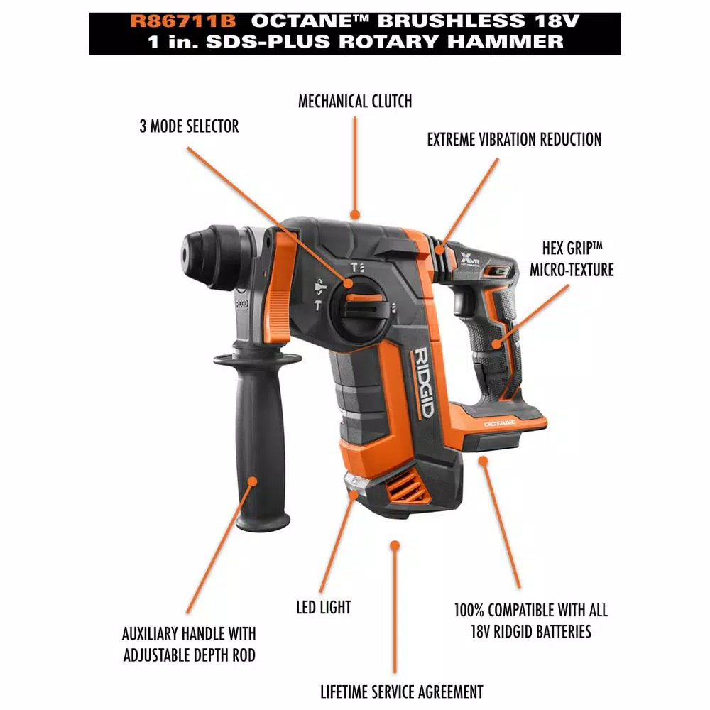 RIDGID 18-Volt OCTANE Cordless Brushless 1 in. SDS-Plus Rotary Hammer (Tool Only) and#8211; XDC Depot