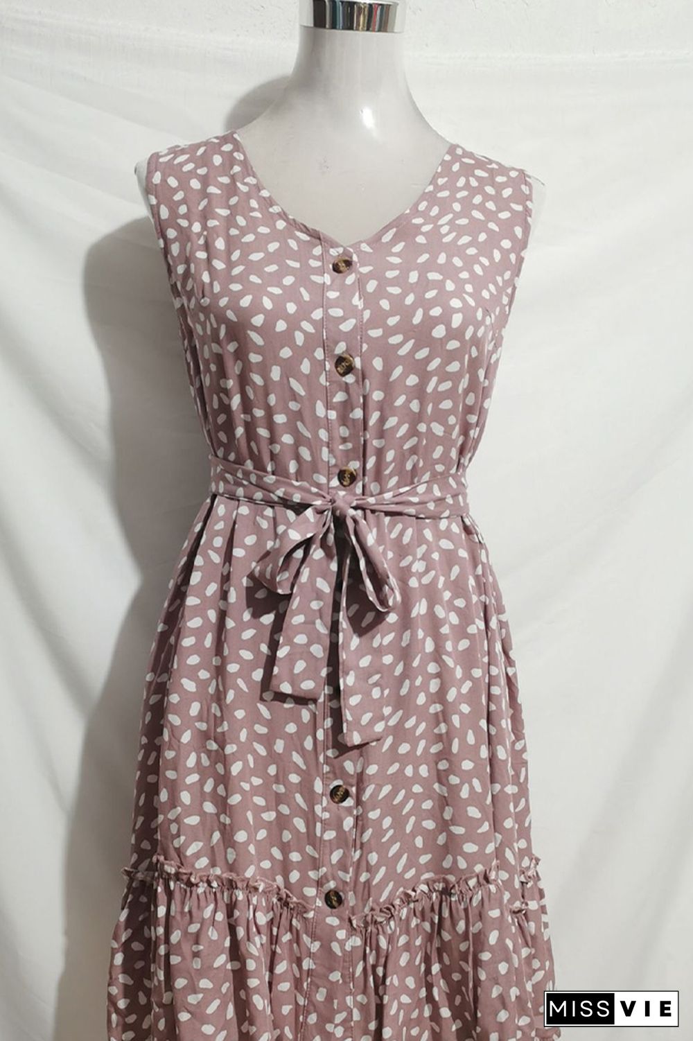 V Neck Buttoned Printed Sleeveless Dress With Sash