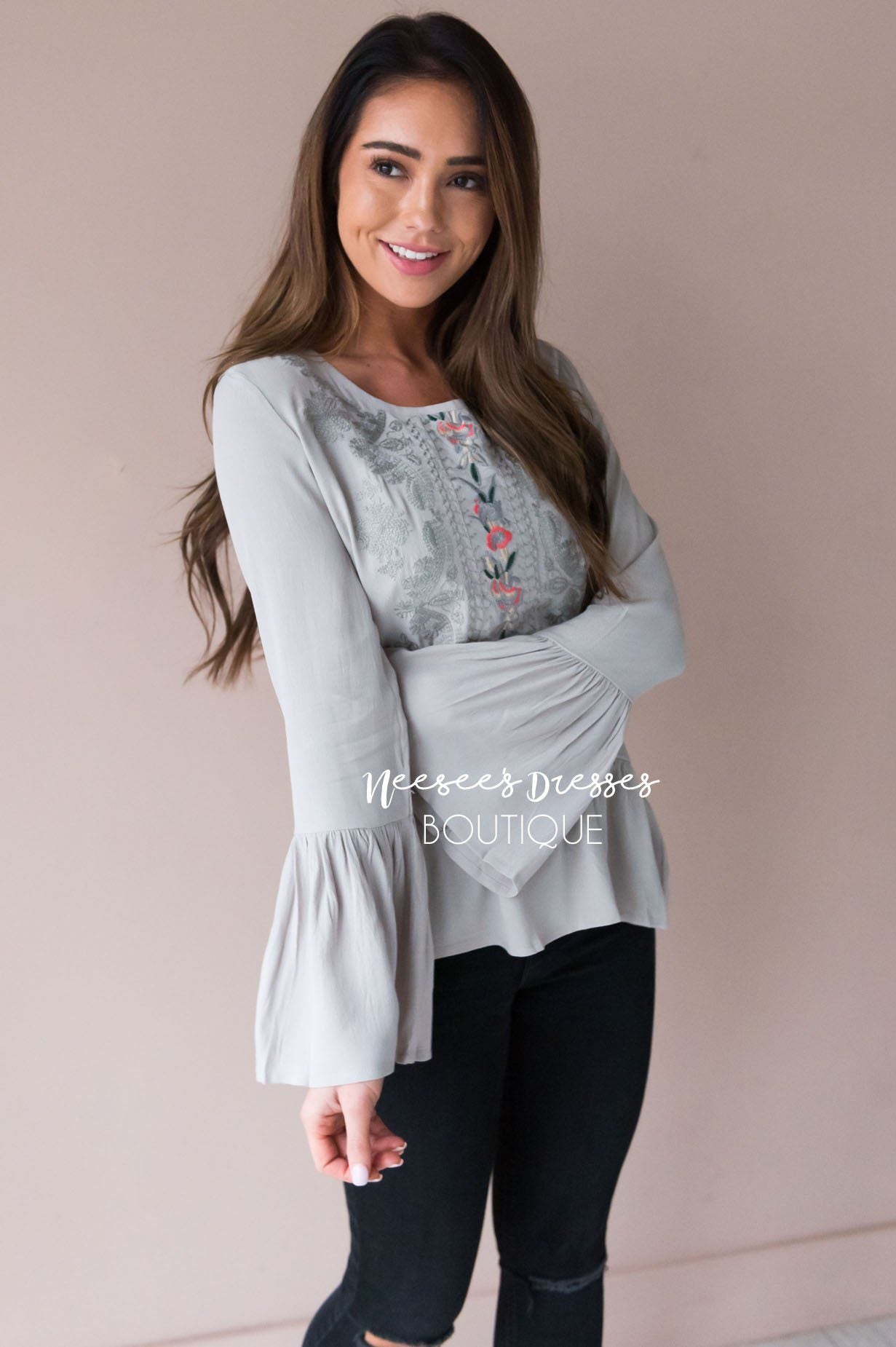 Forever Loved Embroidered Bell Sleeve Blouse