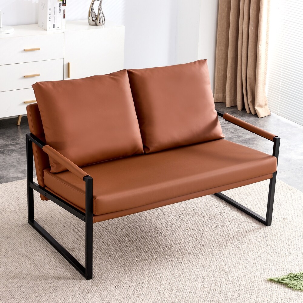 Industrial Sofa Sets(Set of 2)  Brown PU Leather Loveseat Couch  Single Armchair Sofa  Square Lounge Settee for Living Room