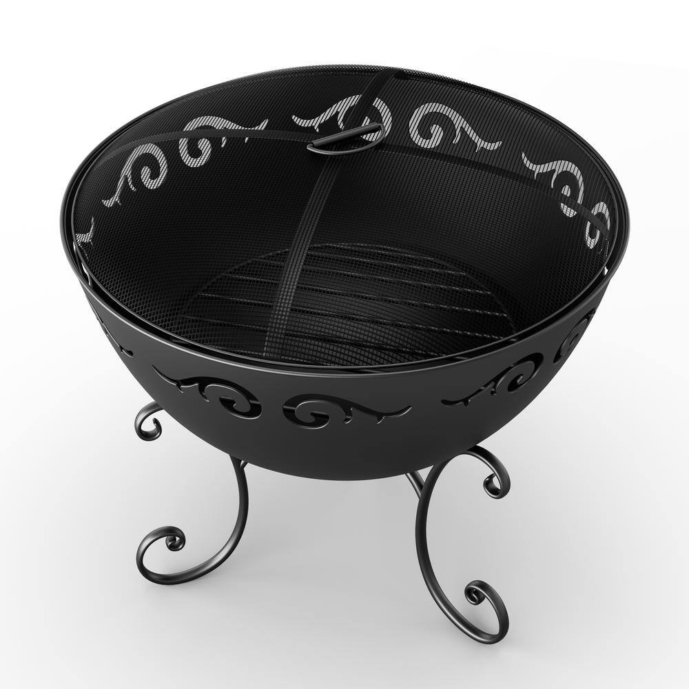 Sungrd 23.6 in. W x 23.6 in. H Outdoor Round Steel Wood Burning Fire Pit in Black with Fire Poker and Cover LWM-PF03