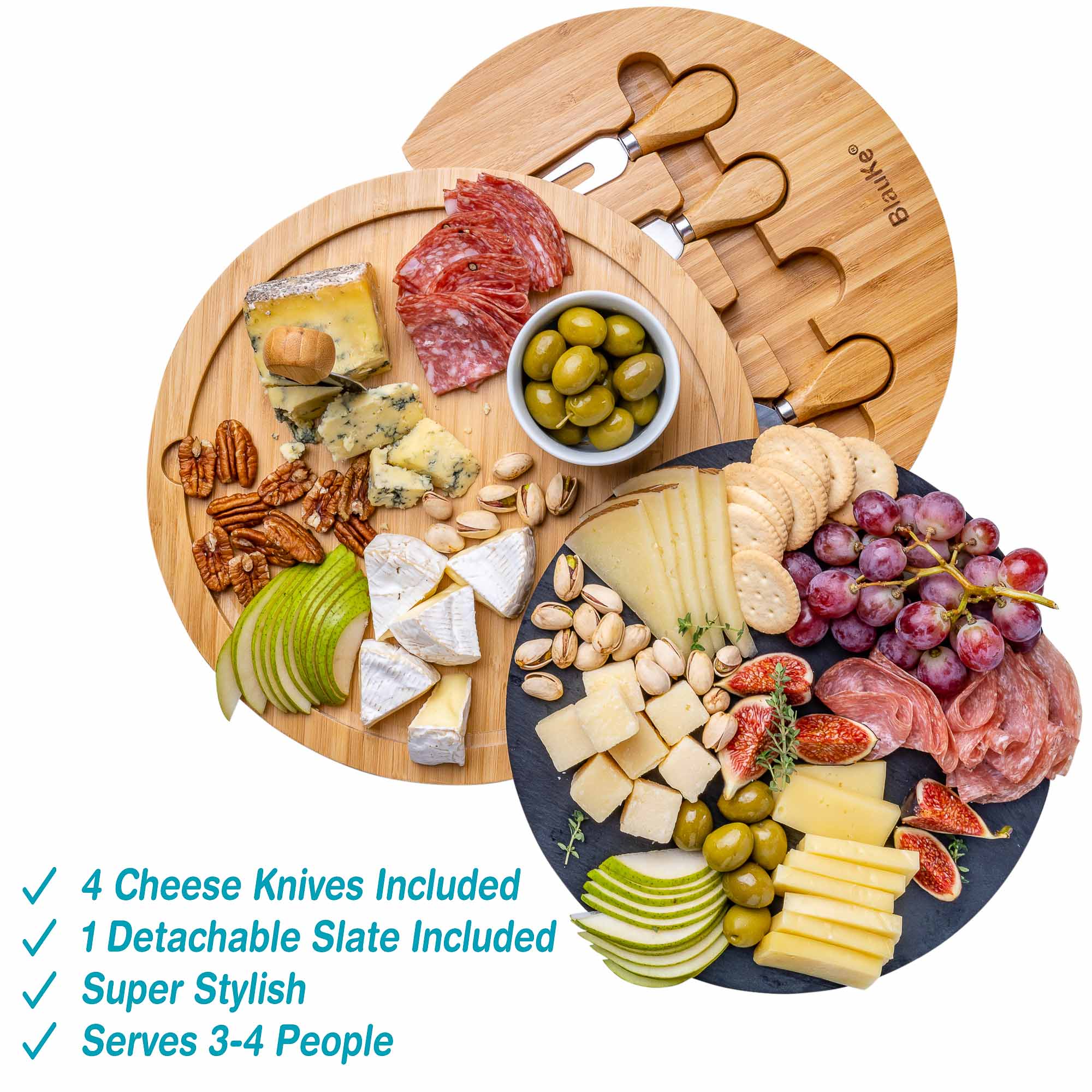 BlauKe® Bamboo Cheese Board with Knife Set and Slate – 12 inch Round Charcuterie Board， Serving Tray， Platter， Wood Cheese Board Set – Gift Idea