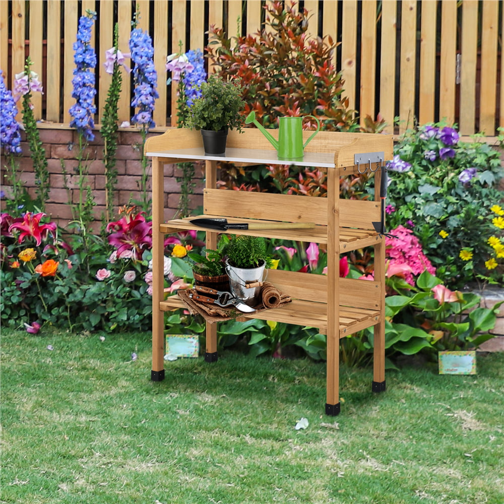 Yaheetech Outdoor Potting Bench Table Garden Wooden Potting Station with Storage Shelf, Natural Wood