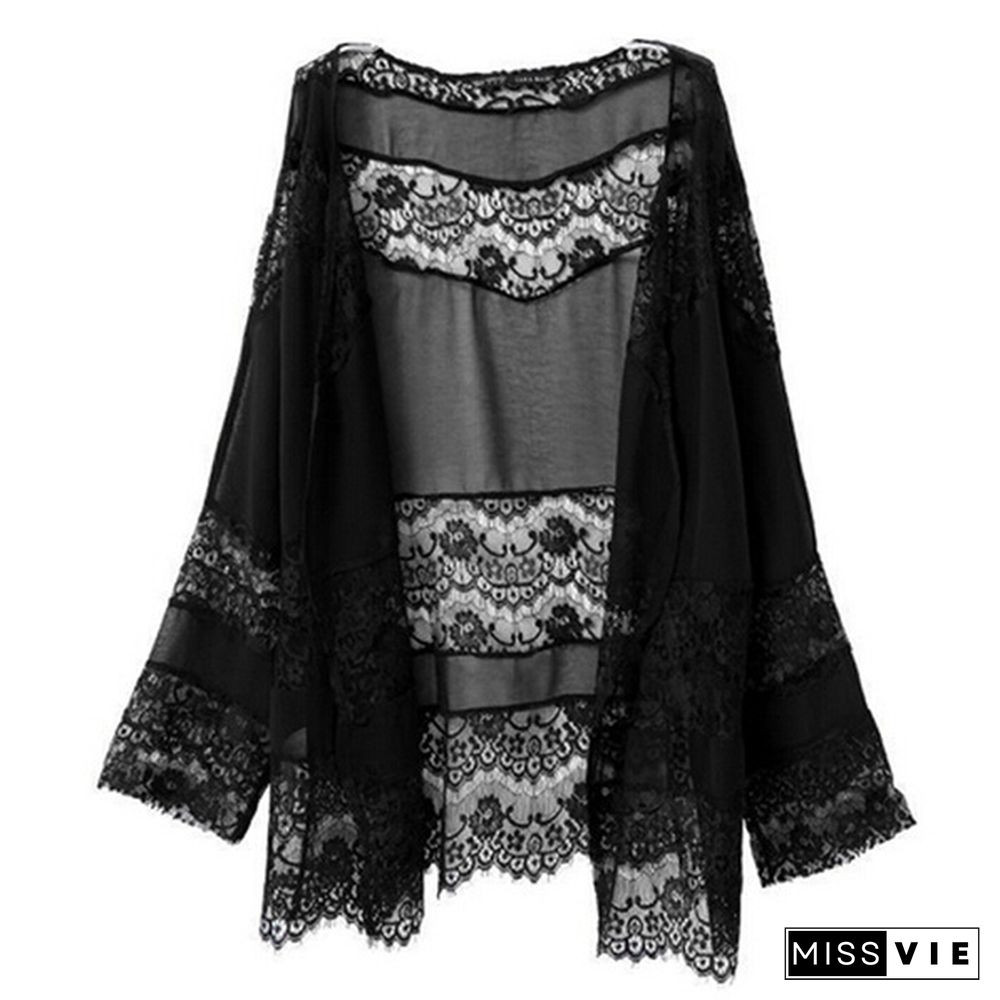 Women Boho Chiffon Kimono Lace Crochet Flower Long Loose Cardigan Coat