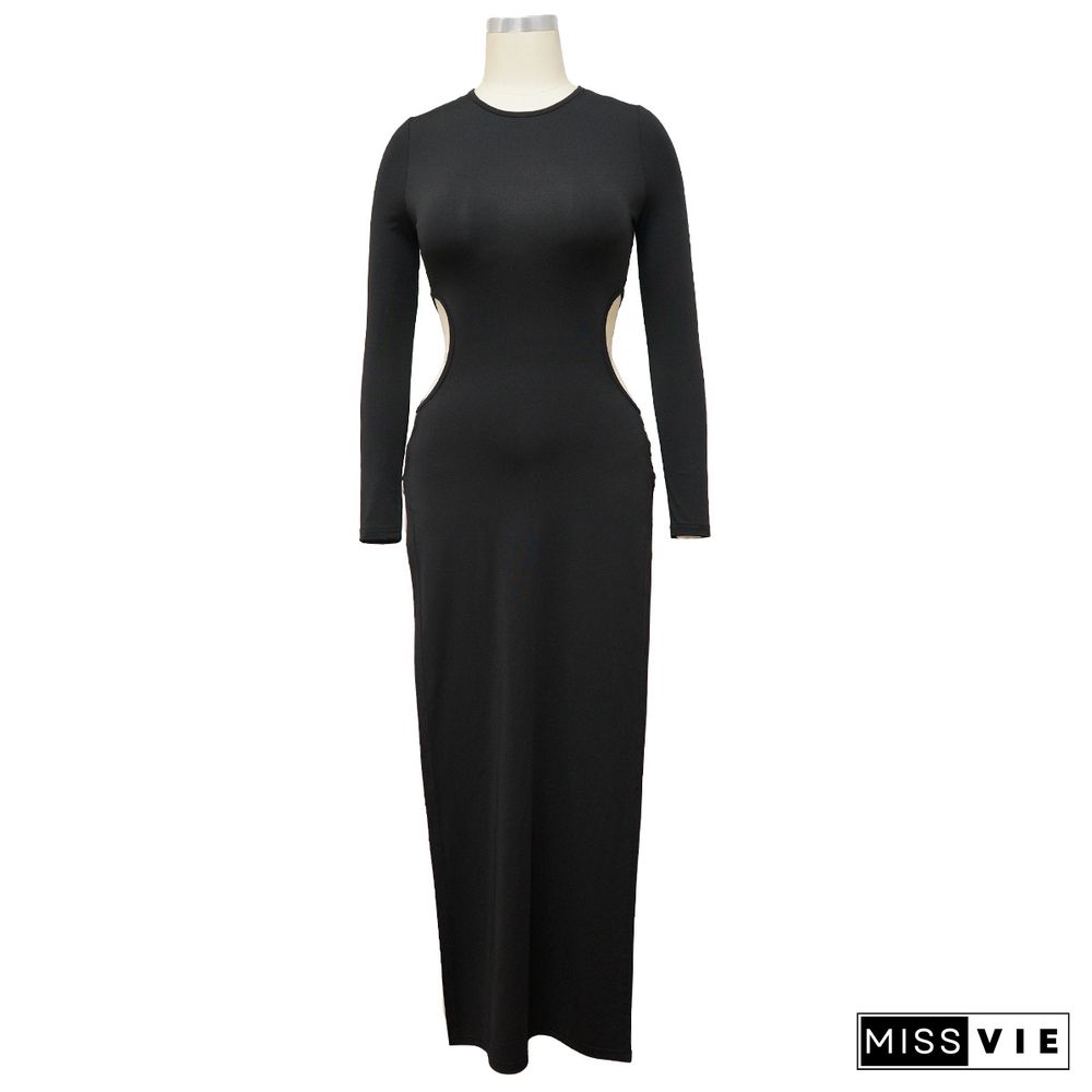 Long Sleeve O Neck Hollow Out Side Slit Dress