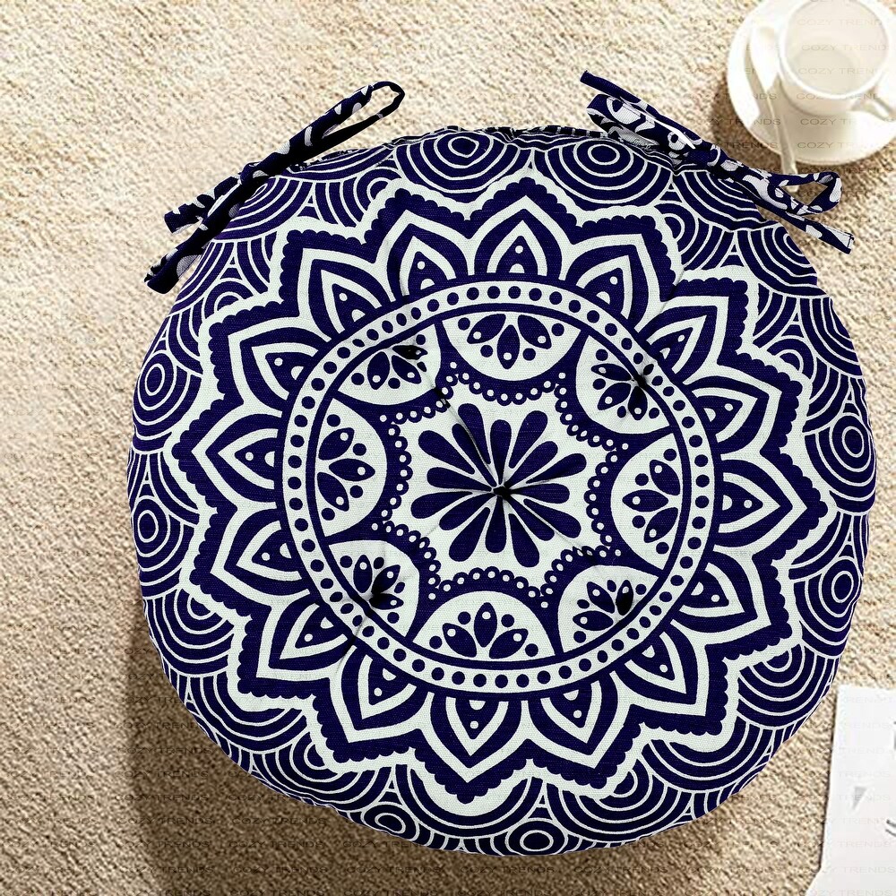 Handmade Cotton Mandala Tuffted Round Chair cushion pads 15''x15'' (Set of 2) with Ties for armchairs Dining Office chair