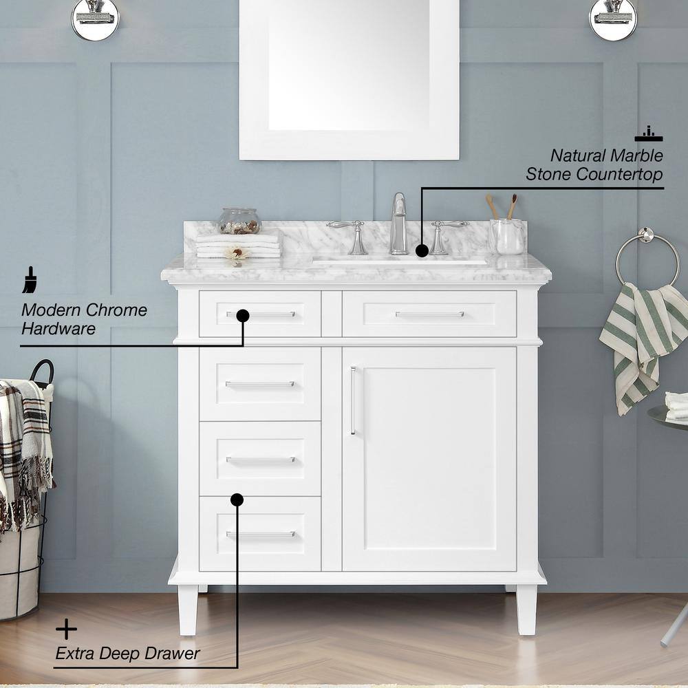 Home Decorators Collection Sonoma 36 in. W x 22.1 in. D x 34.5 in. H Freestanding Bath Vanity in White with Carrara Marble Top 8105100410