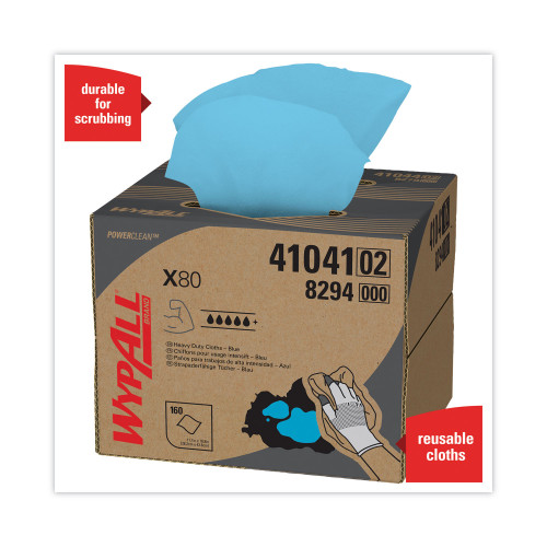 WypAll Power Clean X80 Heavy Duty Cloths， 11.1 x 16.8， Blue， 160 Wipers/Carton (41041)