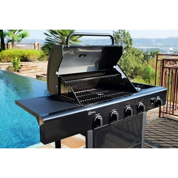 4-Burner Outdoor Propane Gas Grill with Side Burner， Open Cart， Stainless Steel